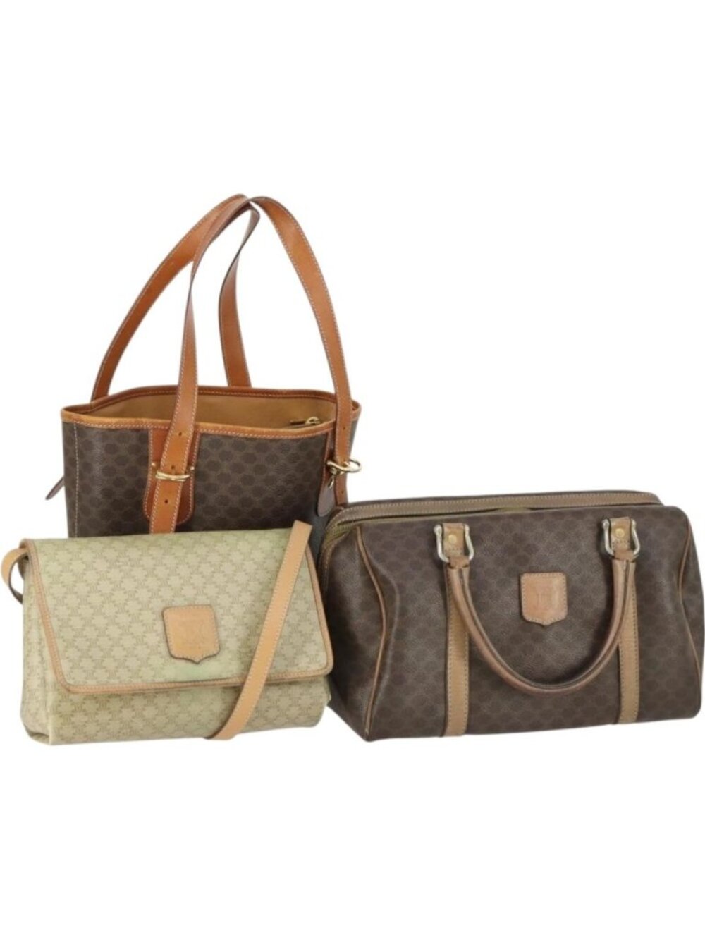 CELINE Macadam Canvas Shoulder Bag PVC Leather 3 Set Brown Beige